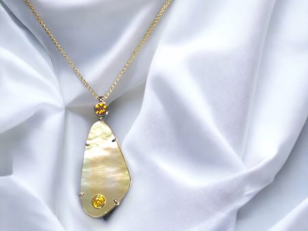 14k Yellow Gold Sapphire & Citrine Pendant w  Mother of Pearl For Sale