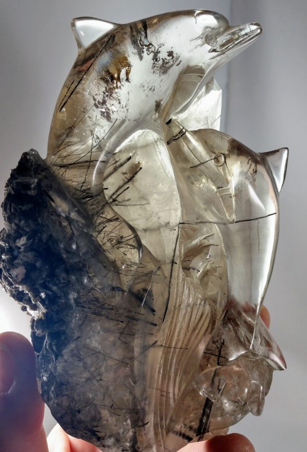 Tourmalinated Smoky Quartz Dolphin Carving Online Sale