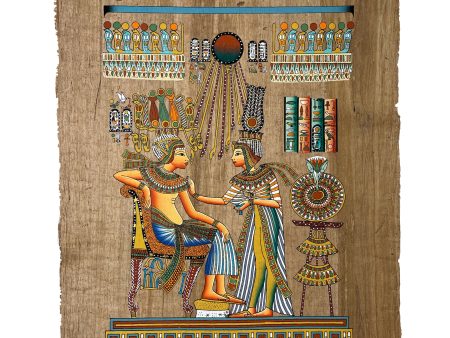 King Tutankhamun and Queen Ankhesenamun on Antiqued Papyrus For Sale