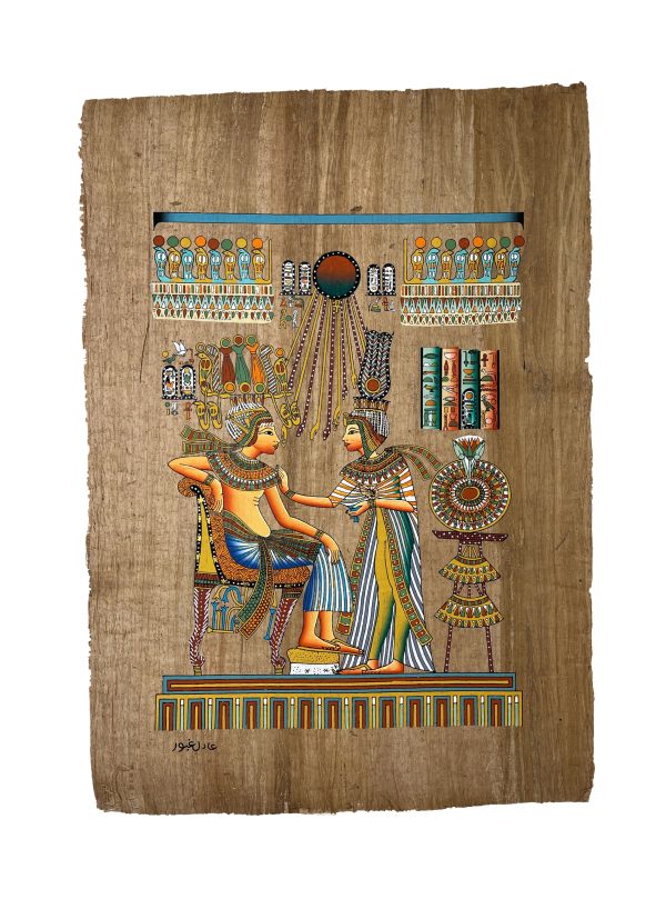 King Tutankhamun and Queen Ankhesenamun on Antiqued Papyrus For Sale