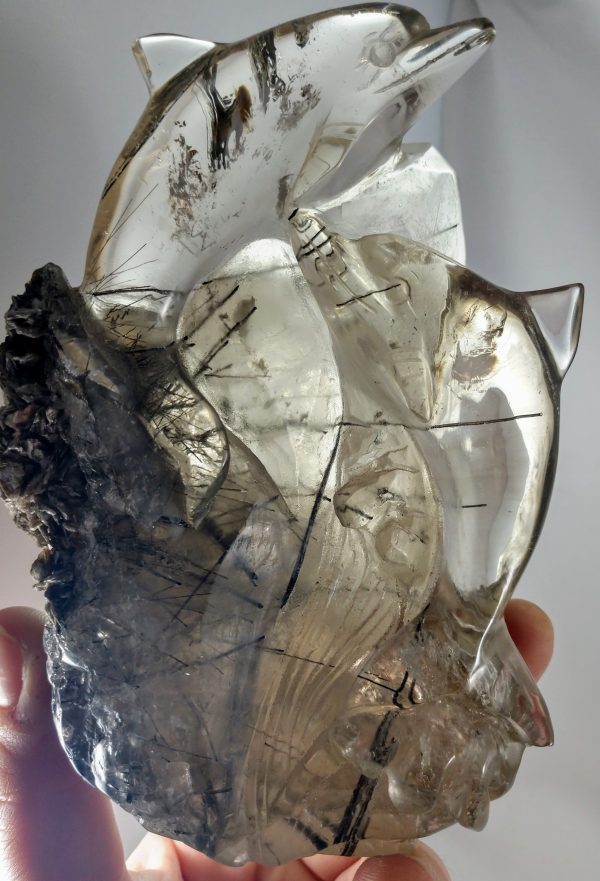 Tourmalinated Smoky Quartz Dolphin Carving Online Sale