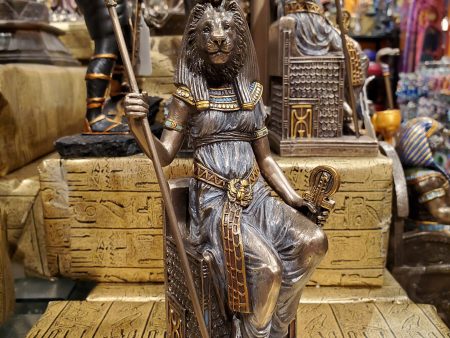 Sekhmet on Throne with Staff & Ankh Statue on Sale