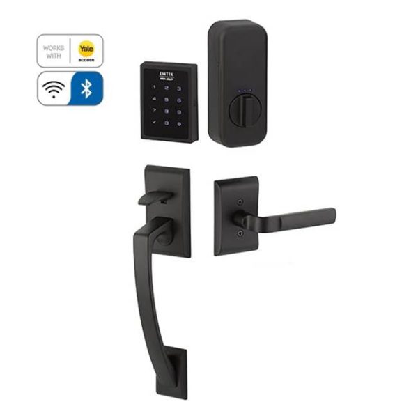 Emtek EMP1104WS Electronic Empowered Motorized Touchscreen Keypad Smart Lock Entry Set with Ares Grip - works with Yale Access , Windsor Crystal Knob Sale